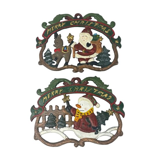 Vintage Cast Iron Christmas Trivets Santa Claus Reindeer Snowman - Picture 1 of 7